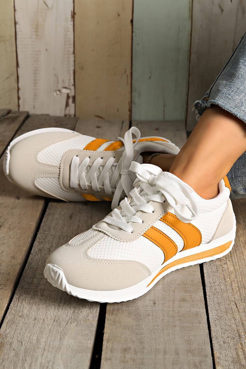 Yellow Color Block Patchwork Breathable Lace-Up Sneakers