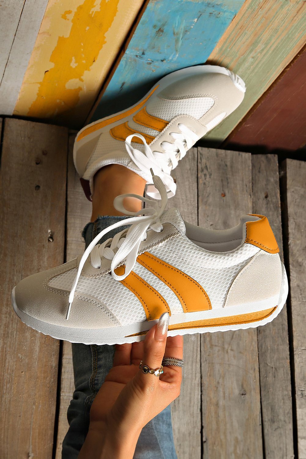 Yellow Color Block Patchwork Breathable Lace-Up Sneakers
