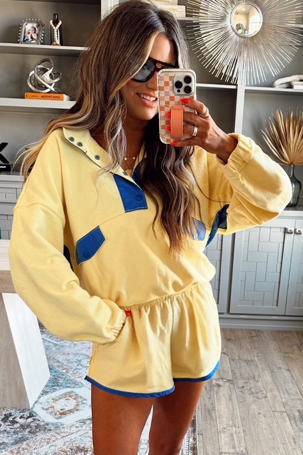 Yellow Color Block Patchwork Half Button Pullover And Shorts 2Pcs Outfit