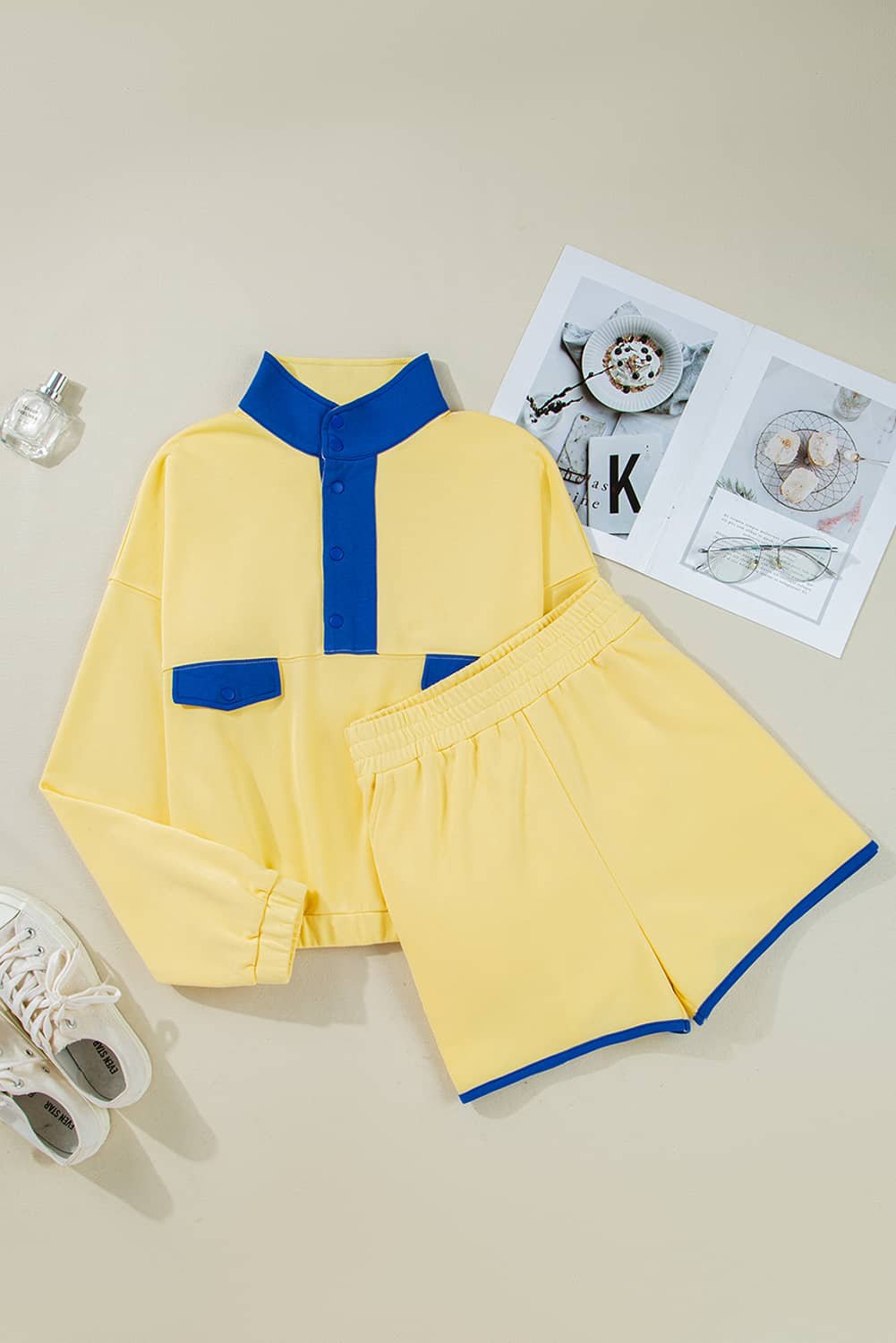 Yellow Color Block Patchwork Half Button Pullover And Shorts 2Pcs Outfit
