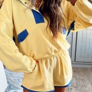 Yellow Color Block Patchwork Half Button Pullover And Shorts 2Pcs Outfit