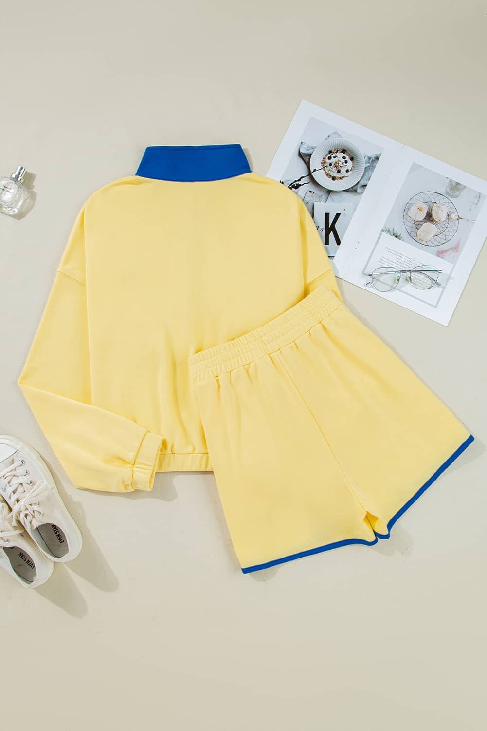 Yellow Color Block Patchwork Half Button Pullover And Shorts 2Pcs Outfit
