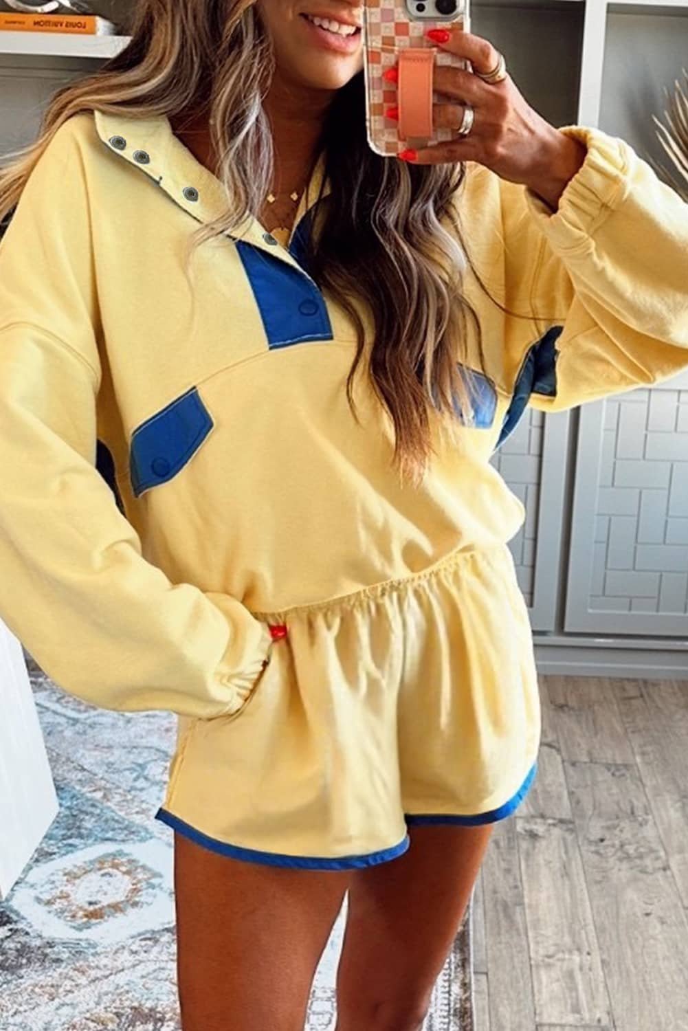 Yellow Color Block Patchwork Half Button Pullover And Shorts 2Pcs Outfit