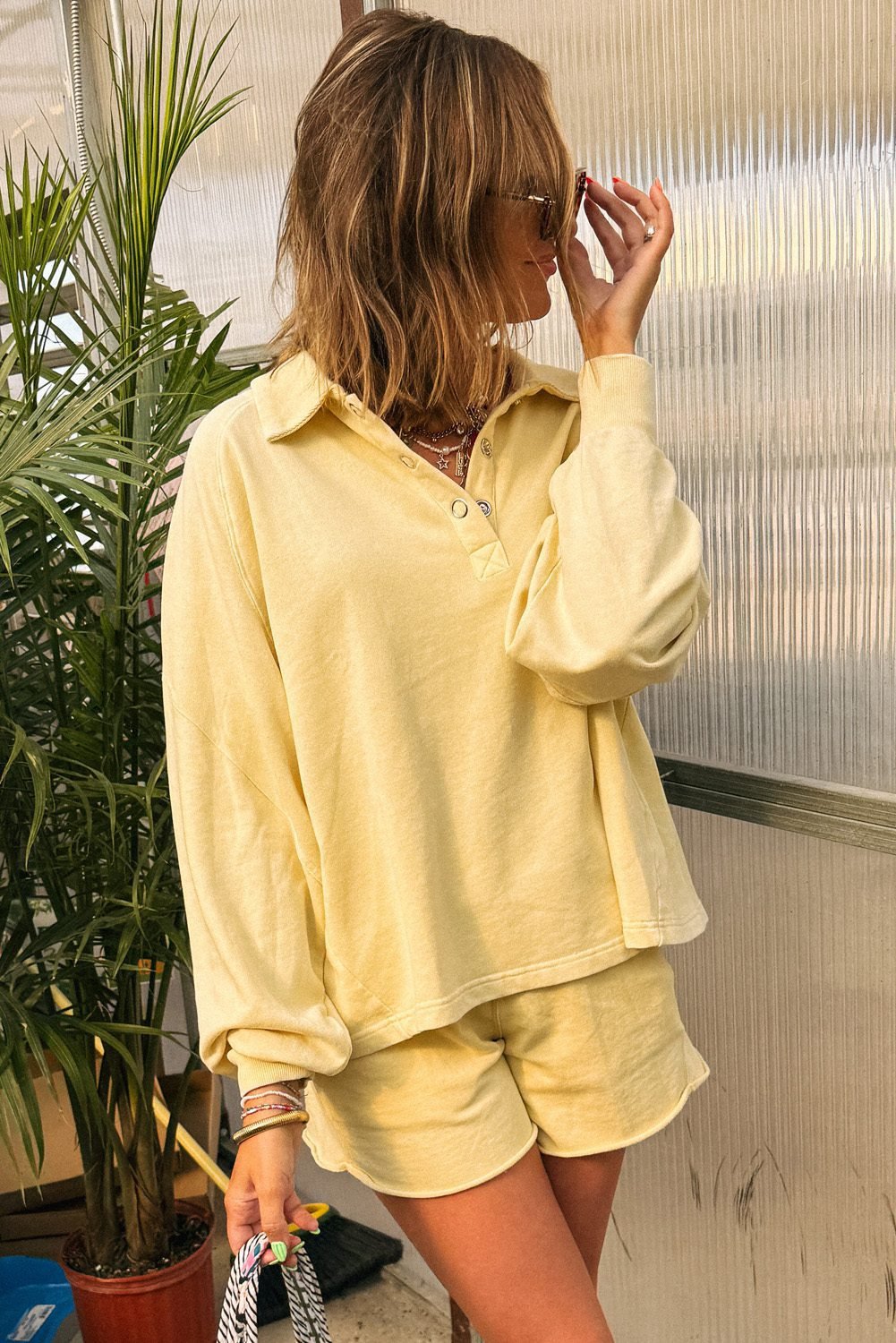 Yellow Cream Button Collar Drop Shoulder Pullover And Shorts 2Pcs Outfit