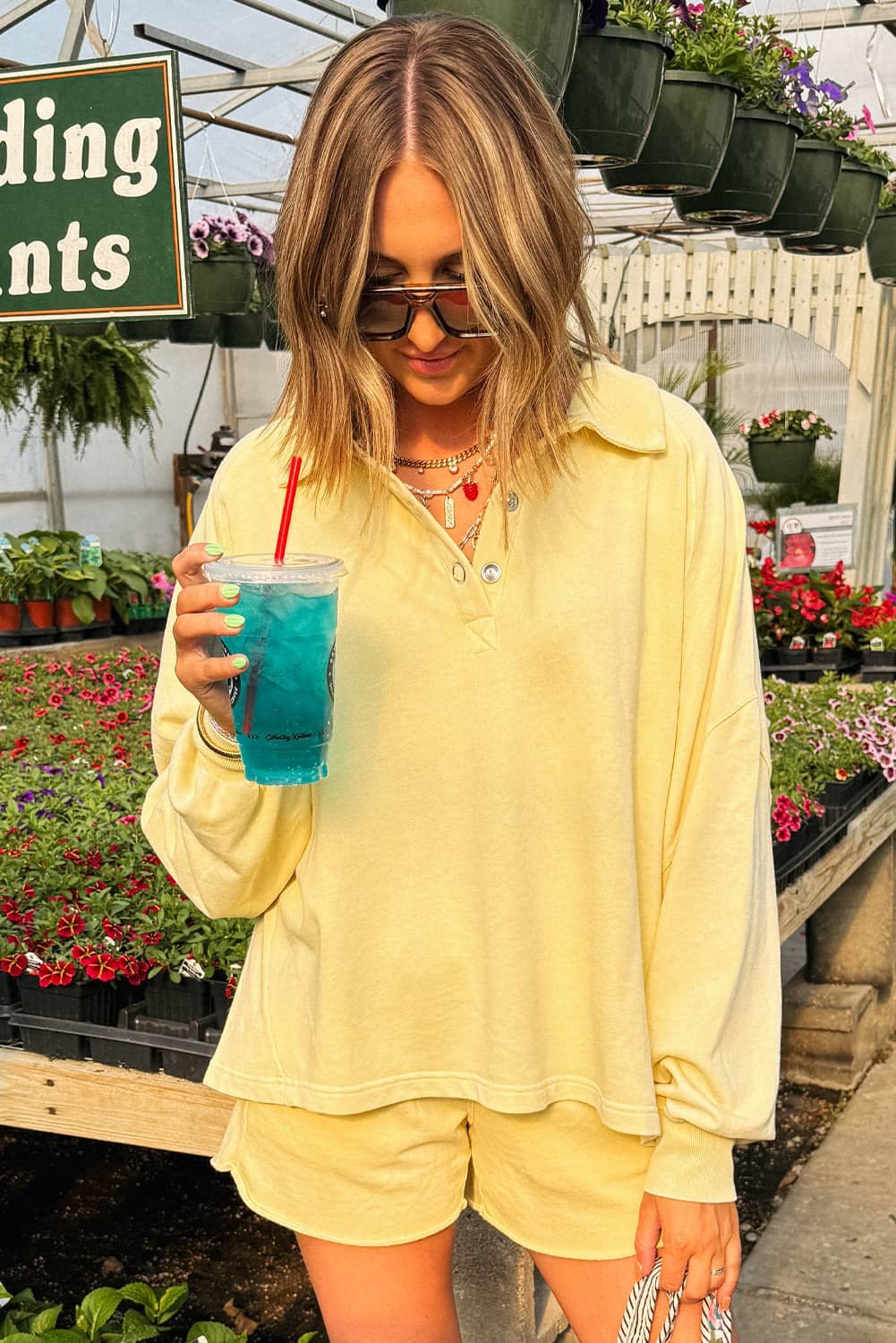 Yellow Cream Button Collar Drop Shoulder Pullover And Shorts 2Pcs Outfit