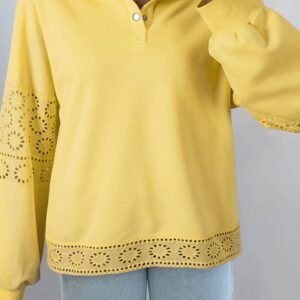 Yellow Cream Embroidered Flower Patchwork Snap Buttons Pullover Sweatshirt