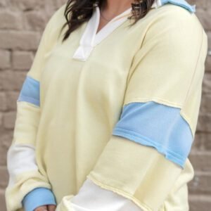 Yellow Cream Raw Seam Color Block Patchwork Plus Size V Neck Pullover