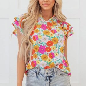 Yellow Floral Print Shirred Tiered Ruffled Sleeve Blouse