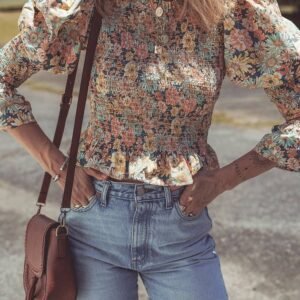 Yellow Floral Print Smocked Bubble Sleeve Ruffled Crop Top
