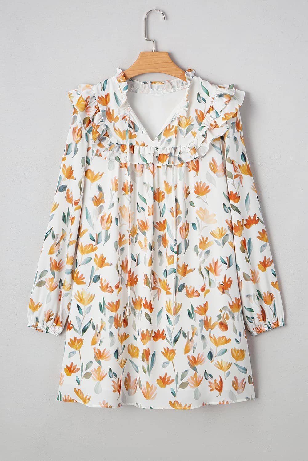 Yellow Floral Print Tie Neck Frilled Detail Long Sleeve Mini Dress