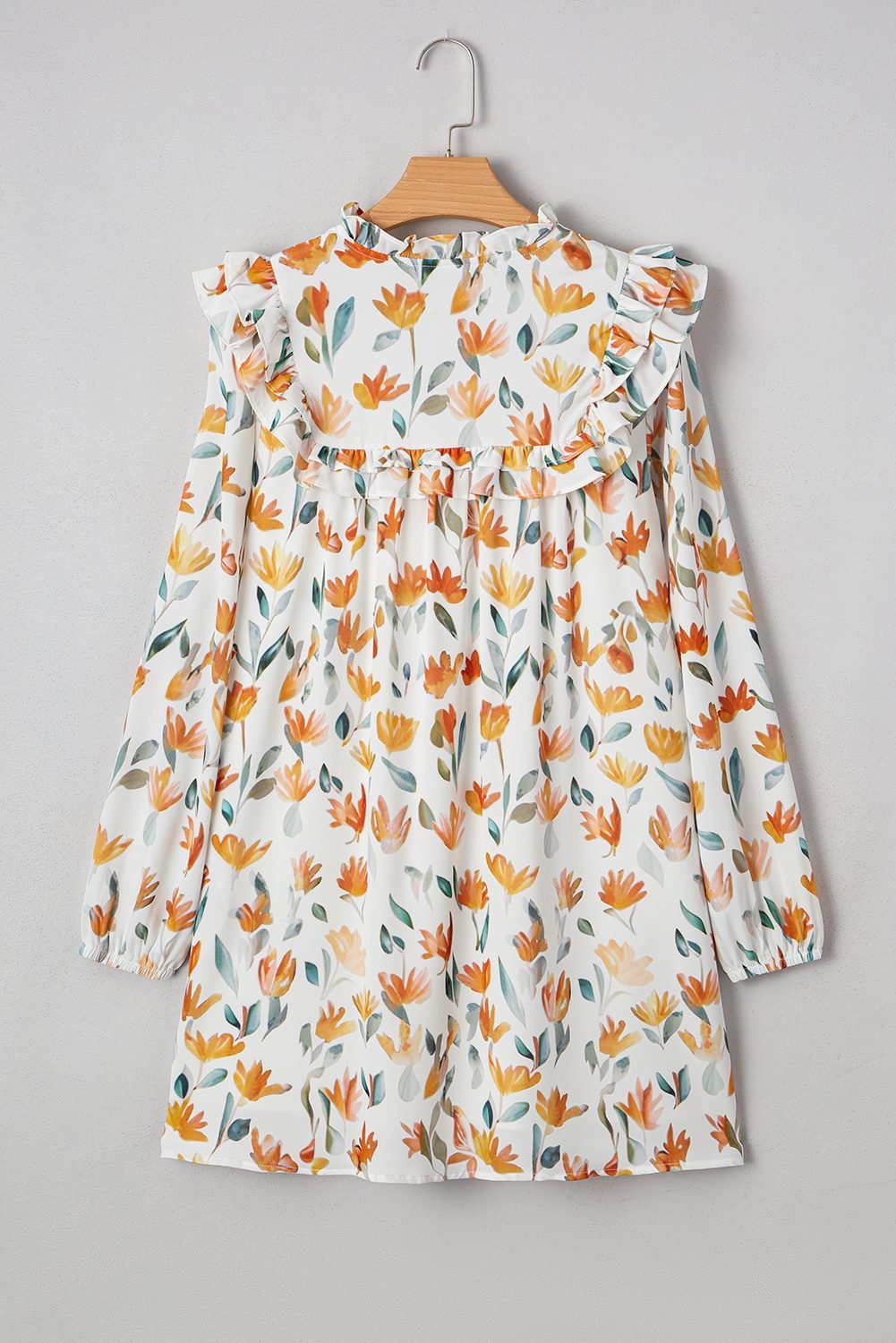 Yellow Floral Print Tie Neck Frilled Detail Long Sleeve Mini Dress