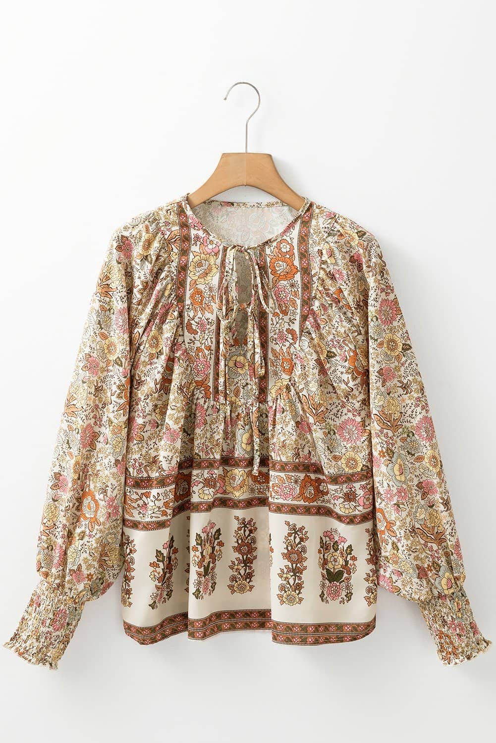 Yellow Floral Print Tie Neck Lantern Sleeve Blouse