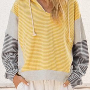 Yellow Stripe Color Block Drawstring V Neck Loose Fit Hooded Top