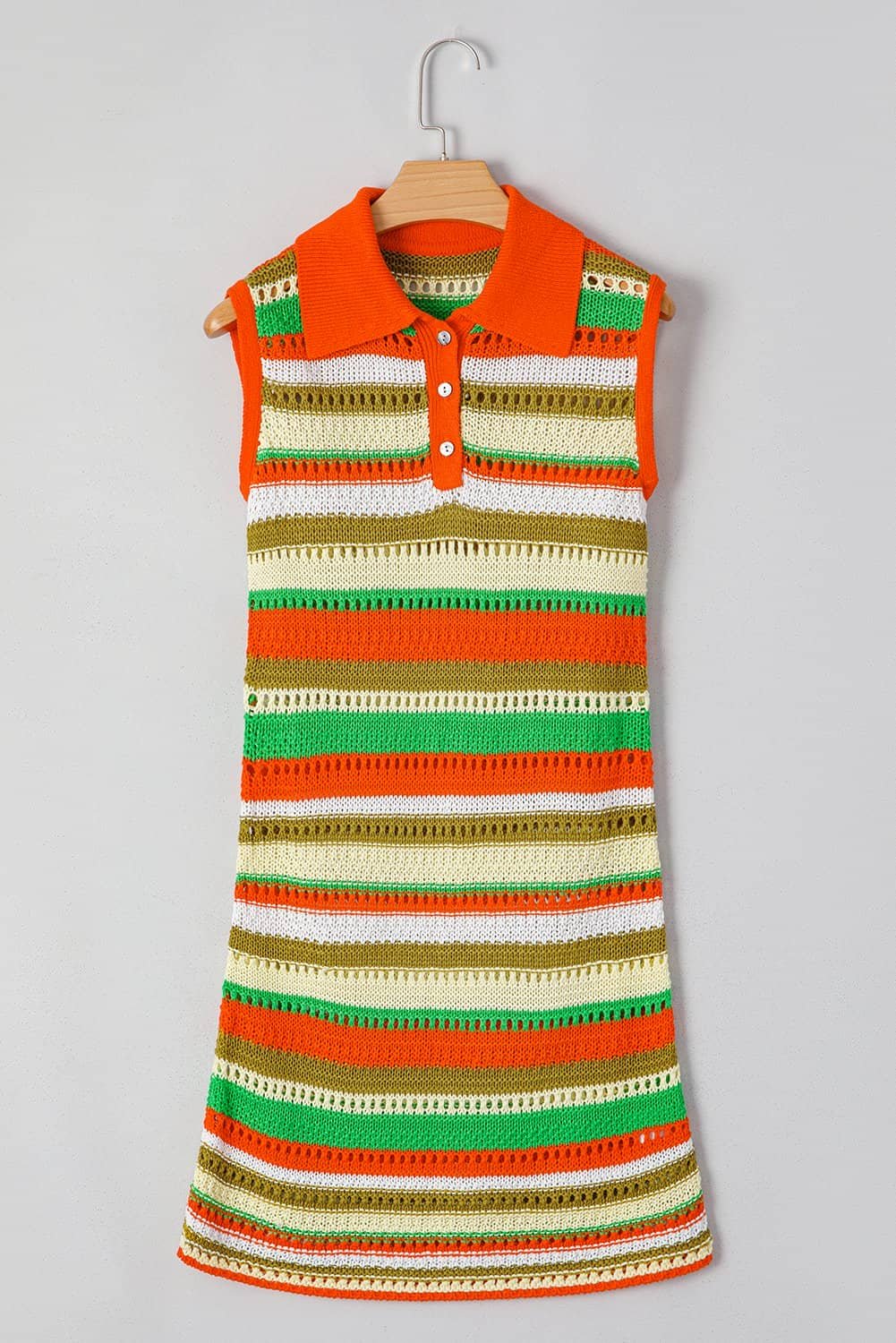 Yellow Stripe Eyelet Sleeveless Buttoned Split Neck Sweater Dress