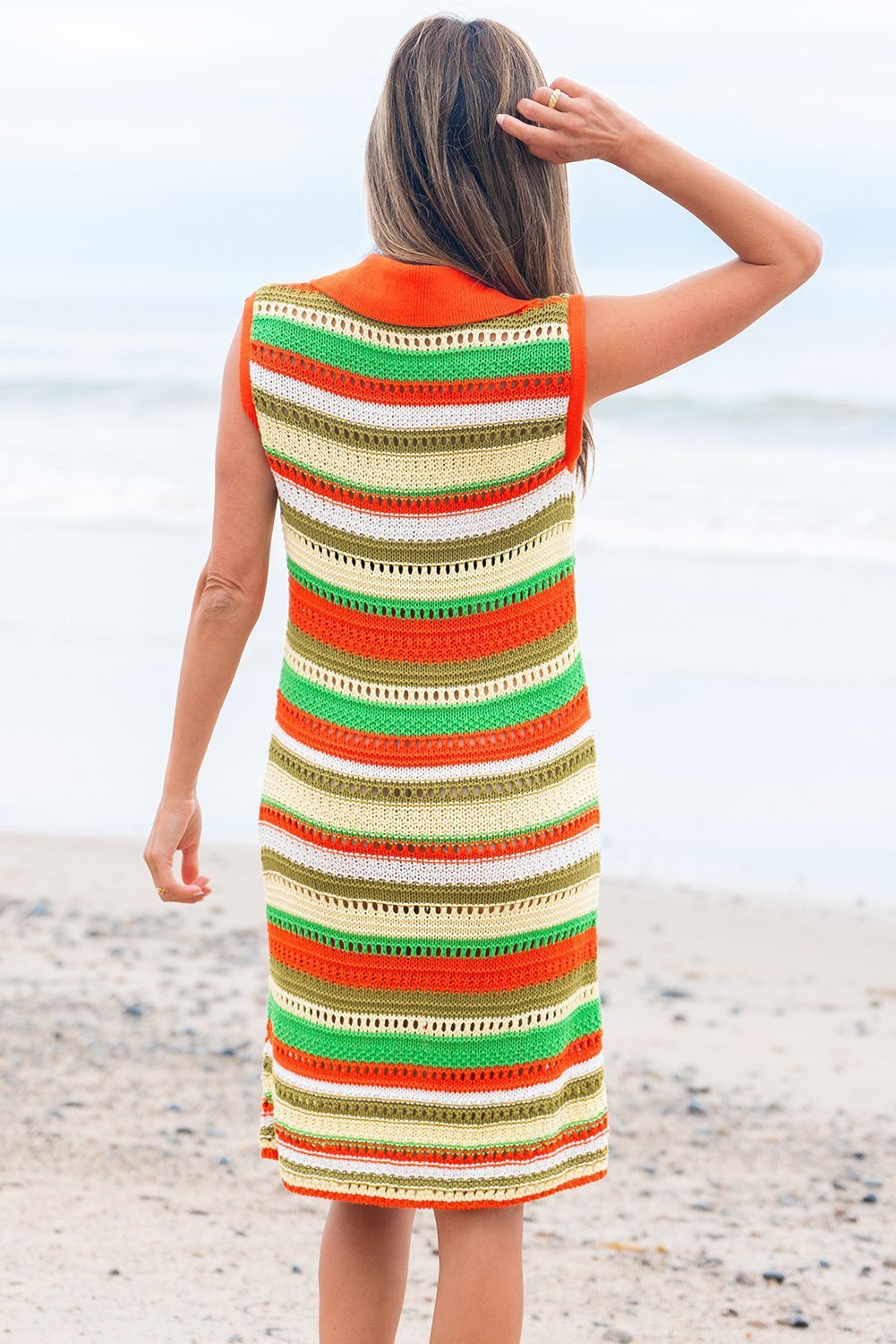 Yellow Stripe Eyelet Sleeveless Buttoned Split Neck Sweater Dress