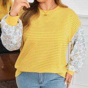 Yellow Stripe Striped Contrast Floral Sleeve Patchwork Plus Size Loose Top