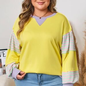 Yellow Striped Color Block Patchwork Crewneck Plus Size Pullover Sweatshirt