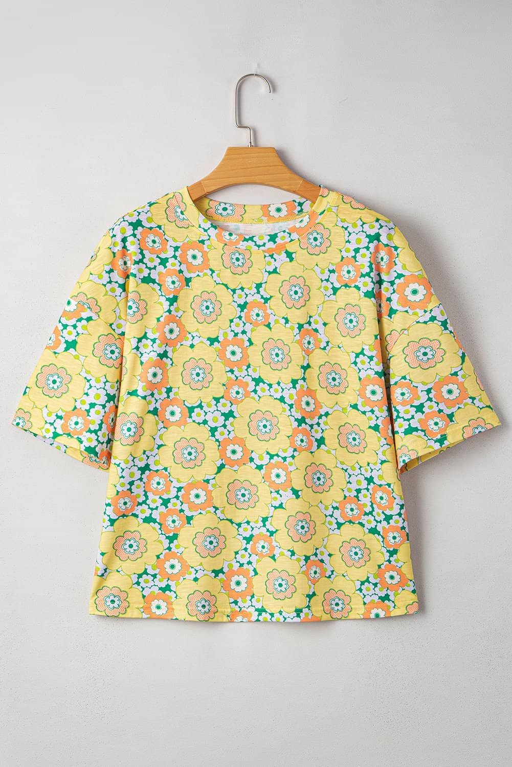 Yellow Summer Flower Printed Drop Shoulder Loose T Shirt