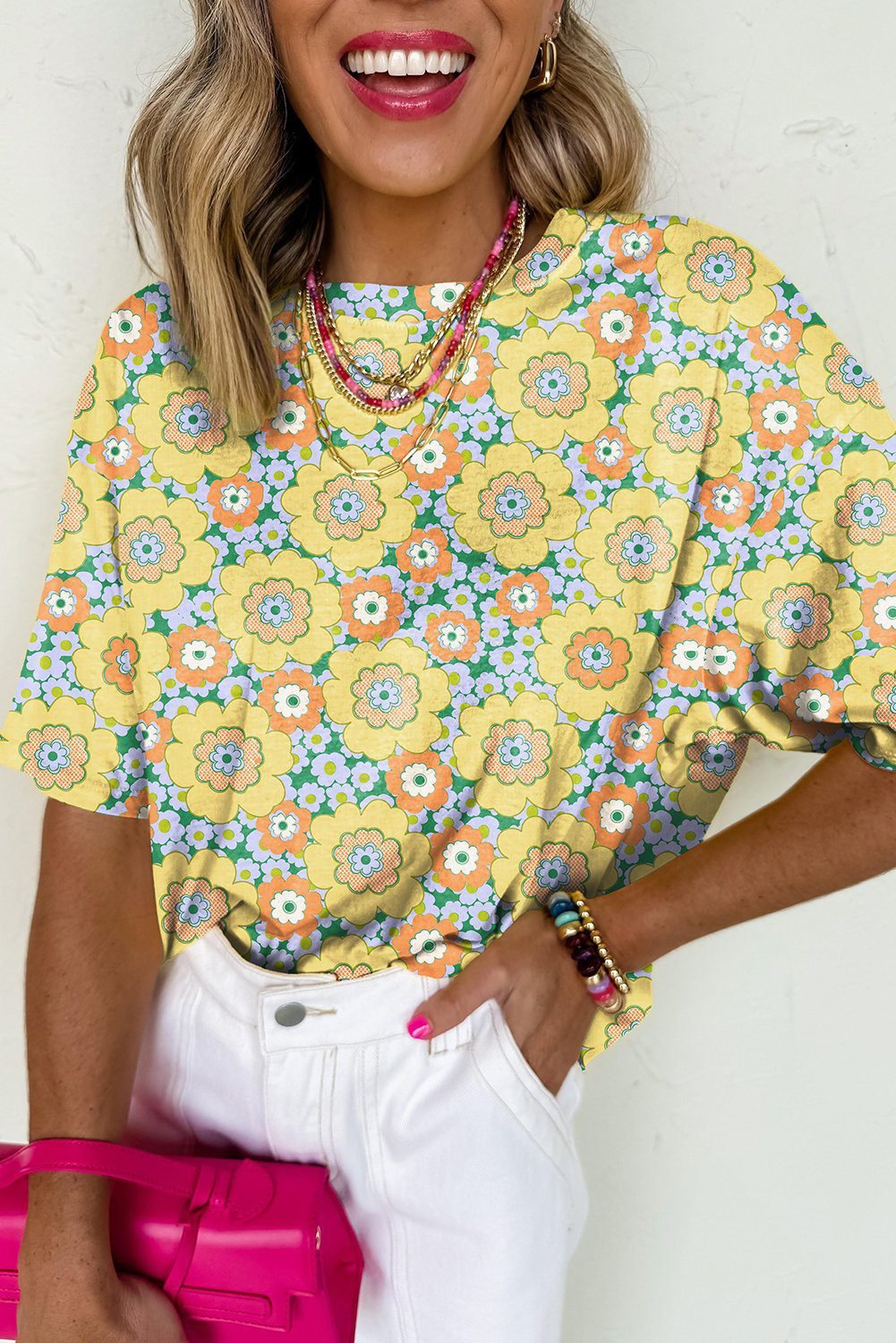 Yellow Summer Flower Printed Drop Shoulder Loose T Shirt
