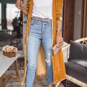 Yellow Velvet Open Front Pocketed Long Duster