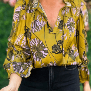 Yellow Vintage Floral V Neck Ruffle Trim Long Sleeve Blouse