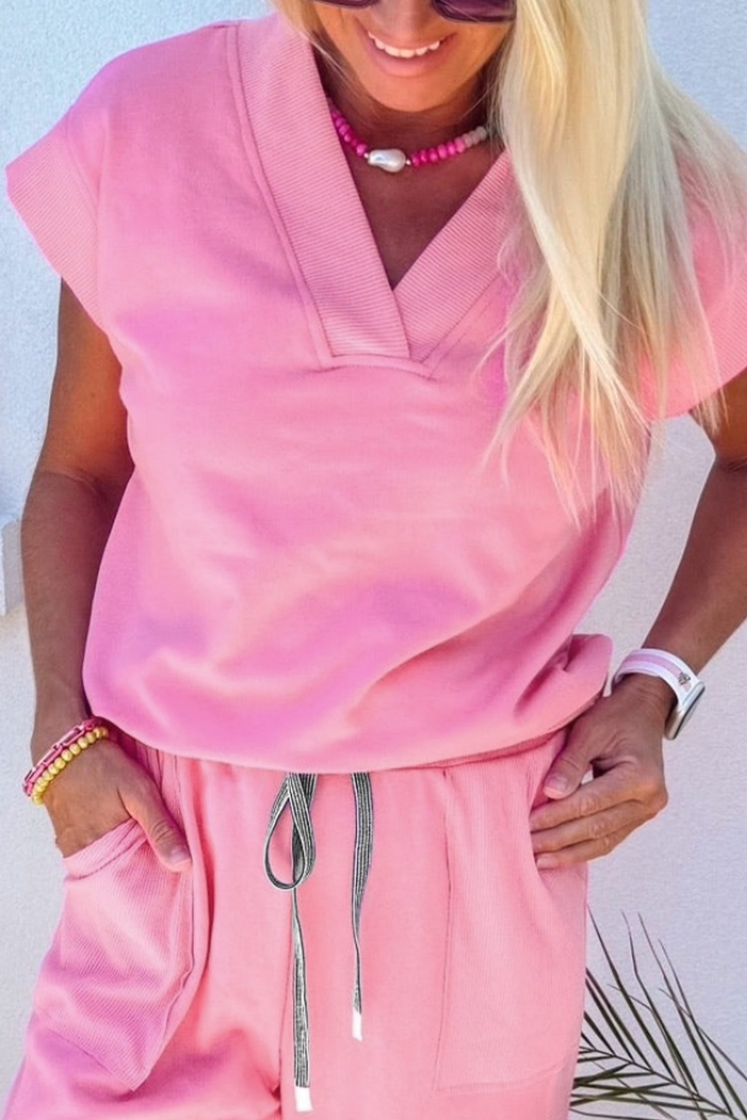 Bonbon Solid Color V Neck Tee Drawstring Pant Set - Image 2