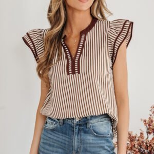 Khaki Stripe Double Ruffled Short Sleeve V Neck Blouse
