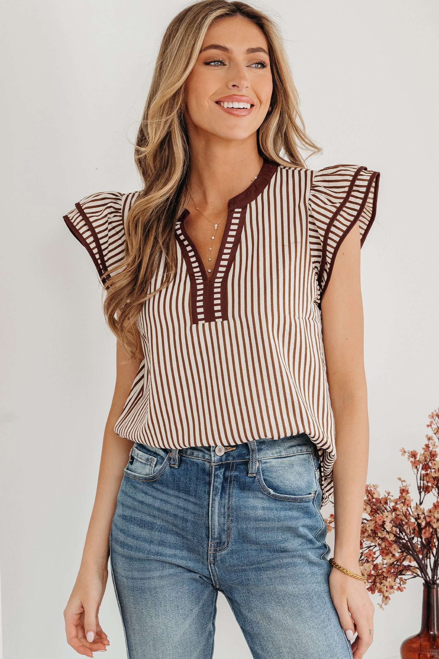 Khaki Stripe Double Ruffled Short Sleeve V Neck Blouse