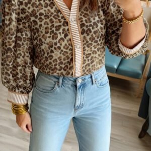 Khaki Contrast Striped Trim V Neck Leopard Shirt