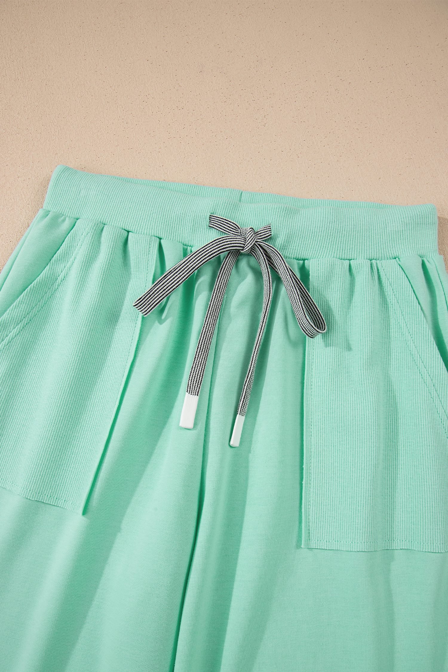Mint Green Solid Color V Neck Tee Drawstring Pant Set - Image 9
