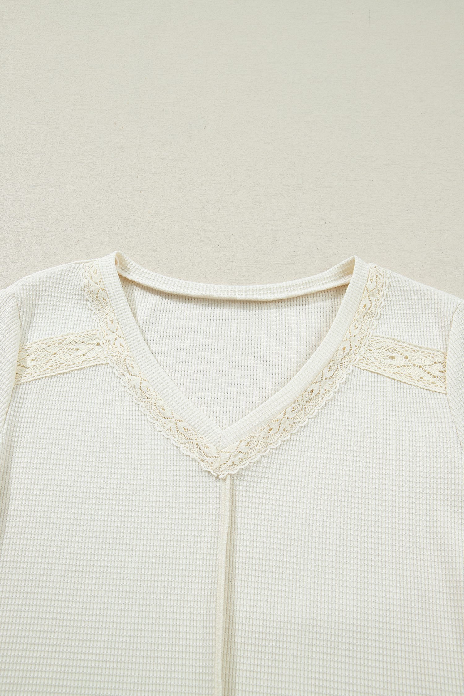 Beige Thermal Knit Lace Ruched Patchwork Long Sleeve V Neck Top - Image 7