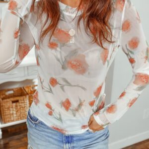 Casual Round Neck Floral Print Mesh Long Sleeve Top