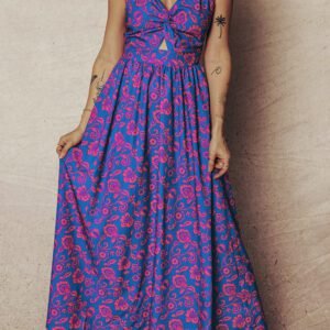 Blue Floral Print Twisted V Neck Tied Backless Maxi Dress