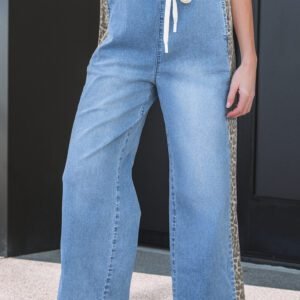 Beau Blue Drawstring Elastic Waist Leopard Striped Side Panel Wide Leg Jeans