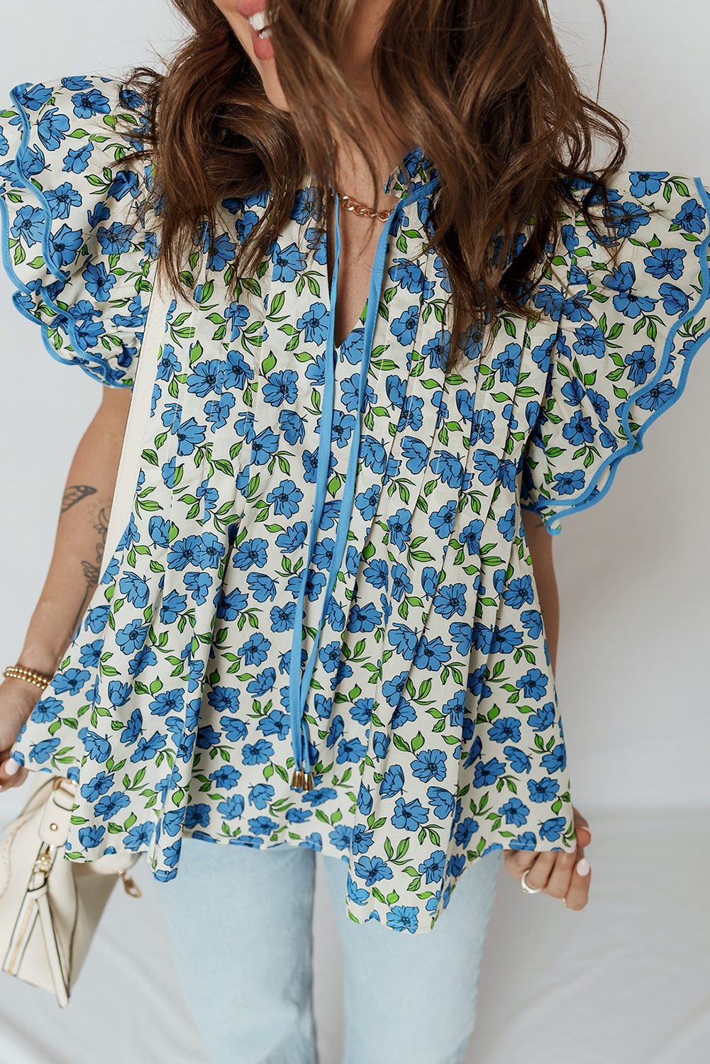 Sky Blue Tiered Flutter Sleeve Pleated Flower Blouse - Image 5