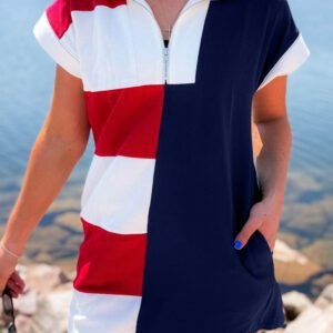 Navy Blue Americana Colorblock Stripes Zip up Collared T Shirt Mini Dress