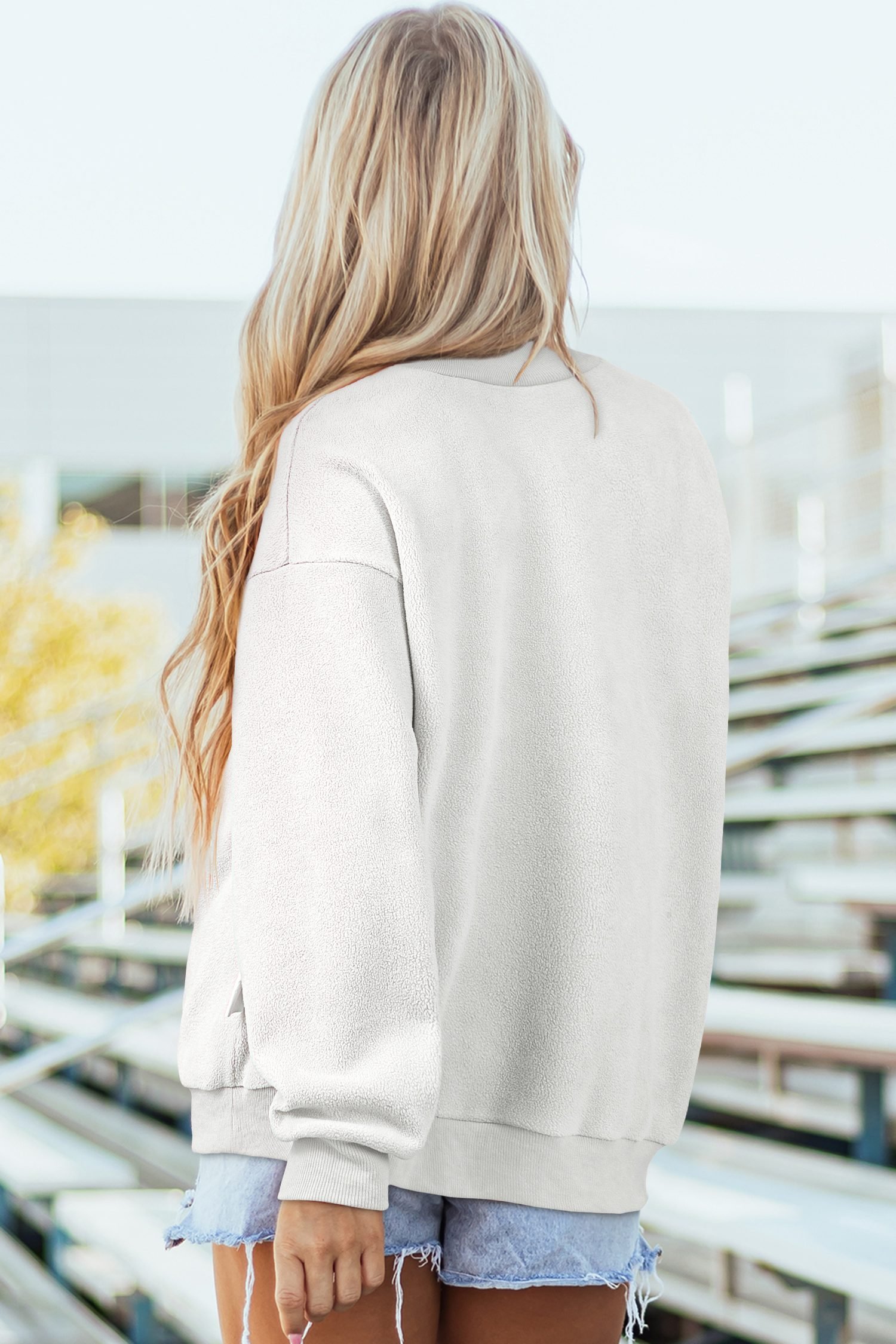 White Oversize Drop Shoulder Reversible Mock Neck Sweatshirt - Image 3