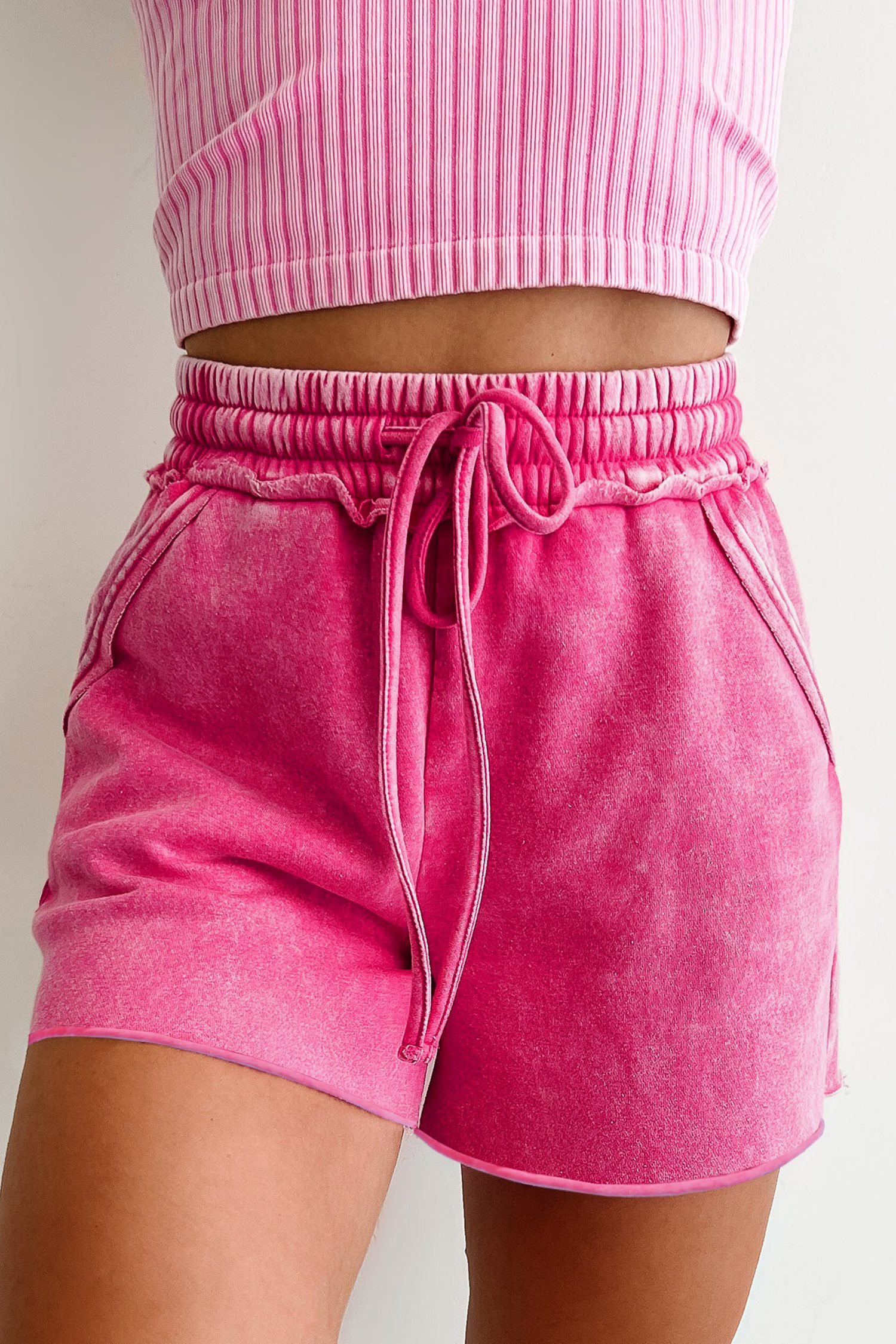 Rose Red Mineral Washed Drawstring Elastic Waist Raw Cut Shorts - Image 2
