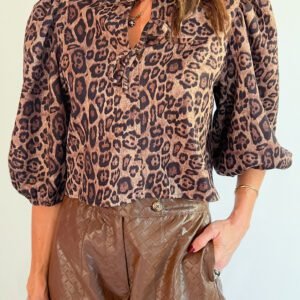 Brown Leopard Bow Tie Puff Sleeve Blouse