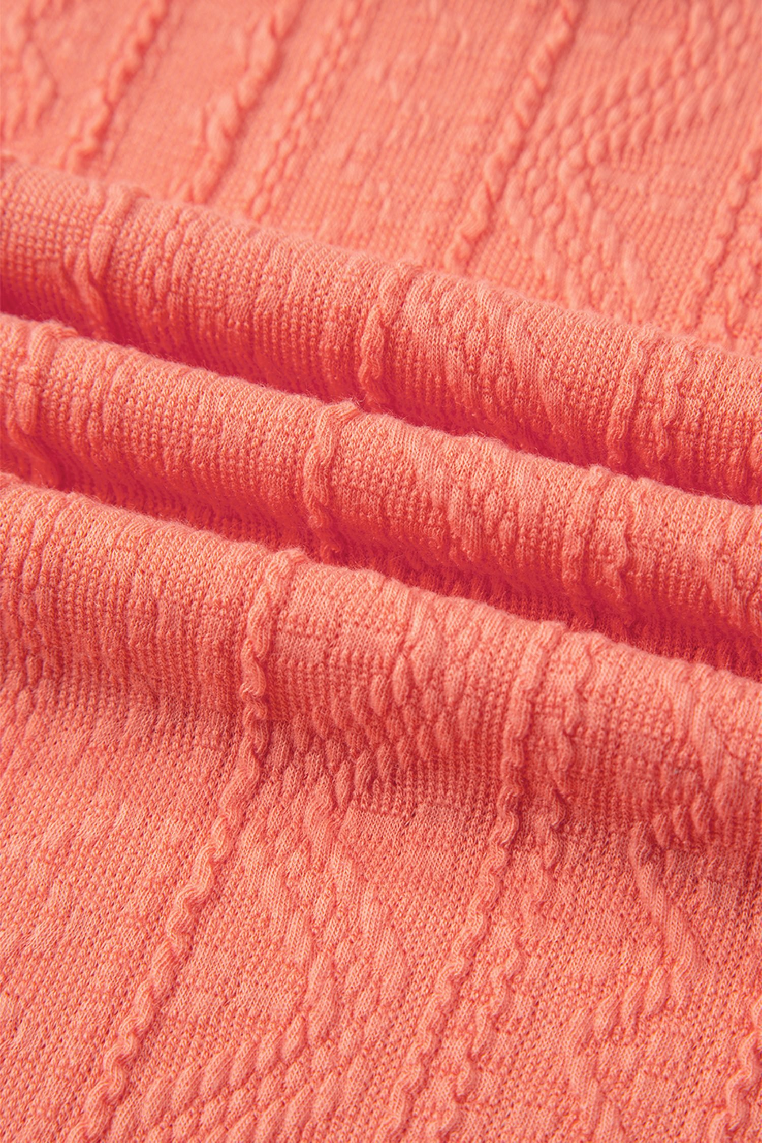 Grapefruit Orange Crochet Floral Accent V Neck Textured Pants Set