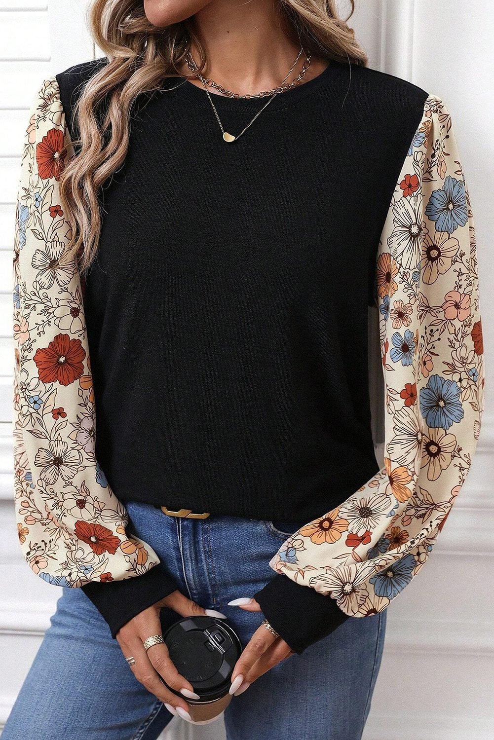 Apricot Flower Puff Sleeve Patchwork Top - Image 5