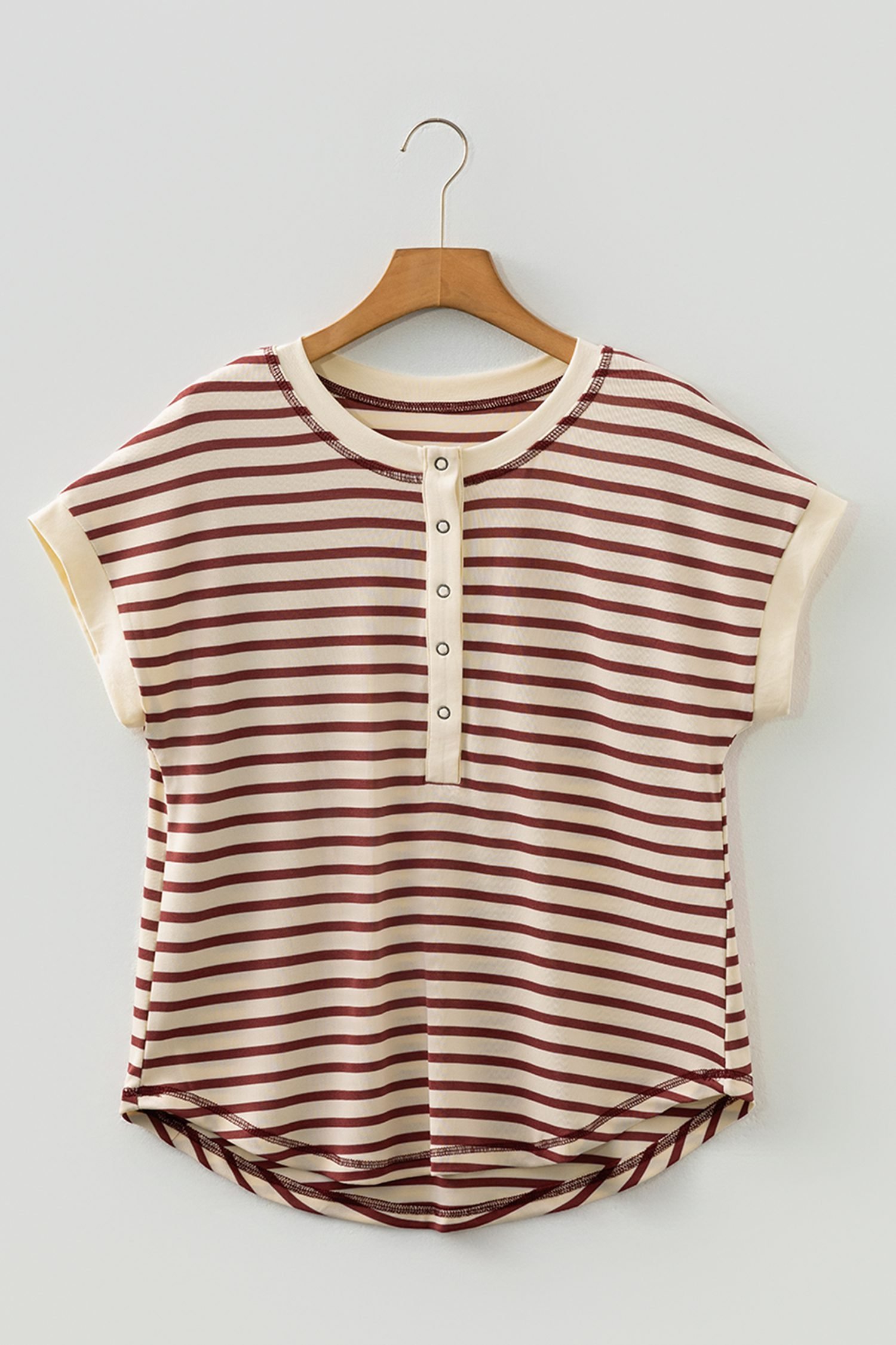Red Stripe Half Buttons Round Neck T Shirt - Image 10