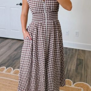 Coffee Plaid Print Full Zipper Cinched Waist Fit Flare Sleeveless Maxi Dress