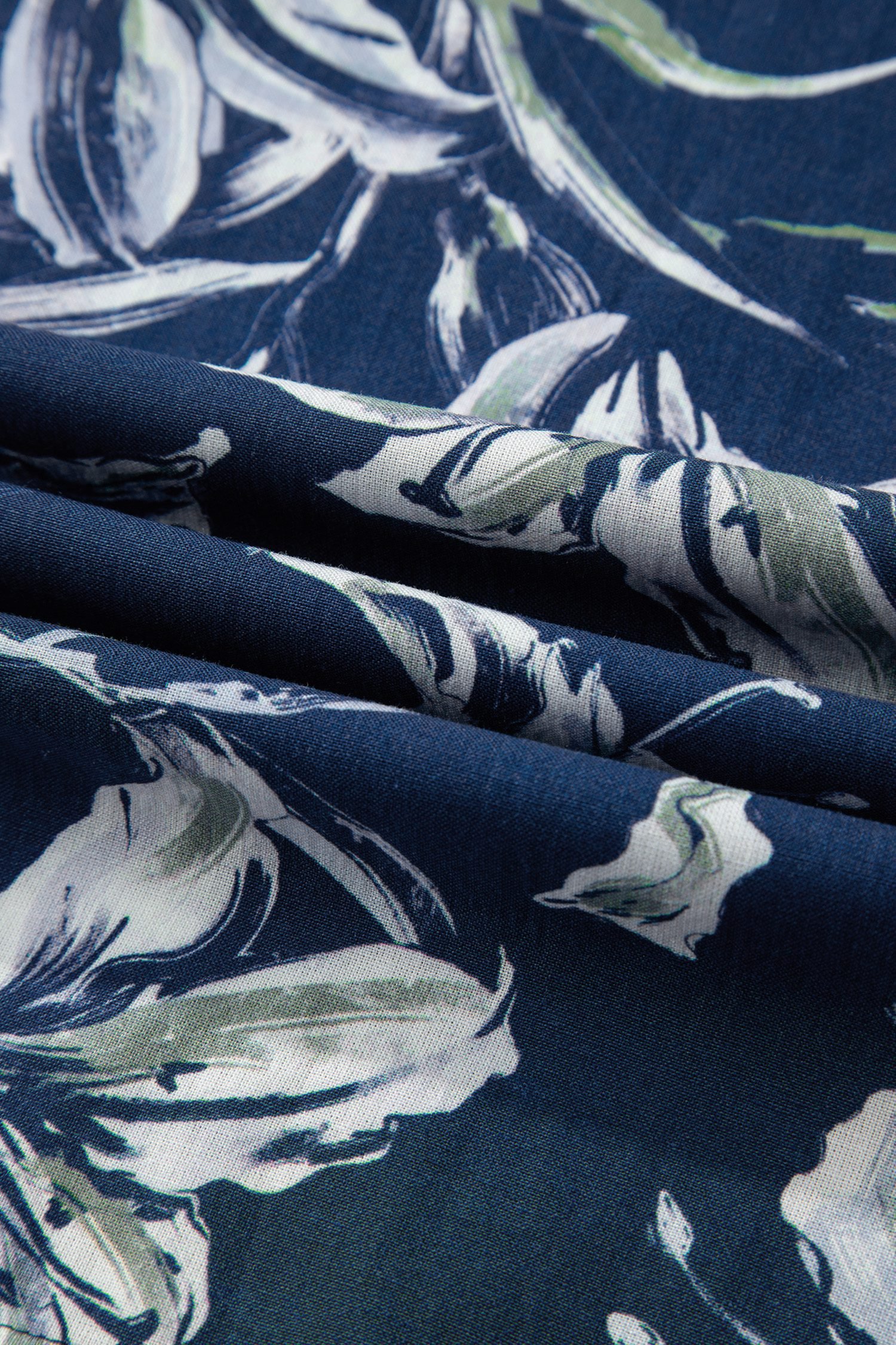 Blue Floral Print Short Puff Sleeve Striped Trim V Neck Blouse - Image 12