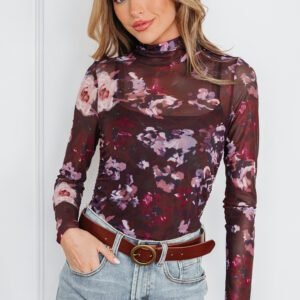 Brown High Neck Ruched Floral Mesh Top