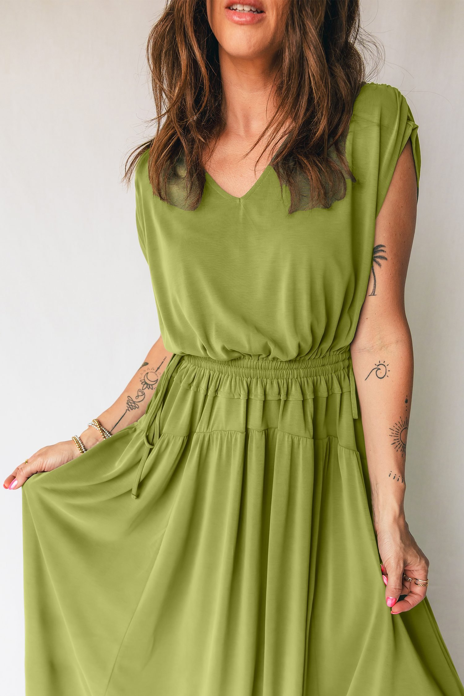 Fern Green Solid V Neck Cap Sleeve Tunic Elastic Waist Versatile Maxi Dress