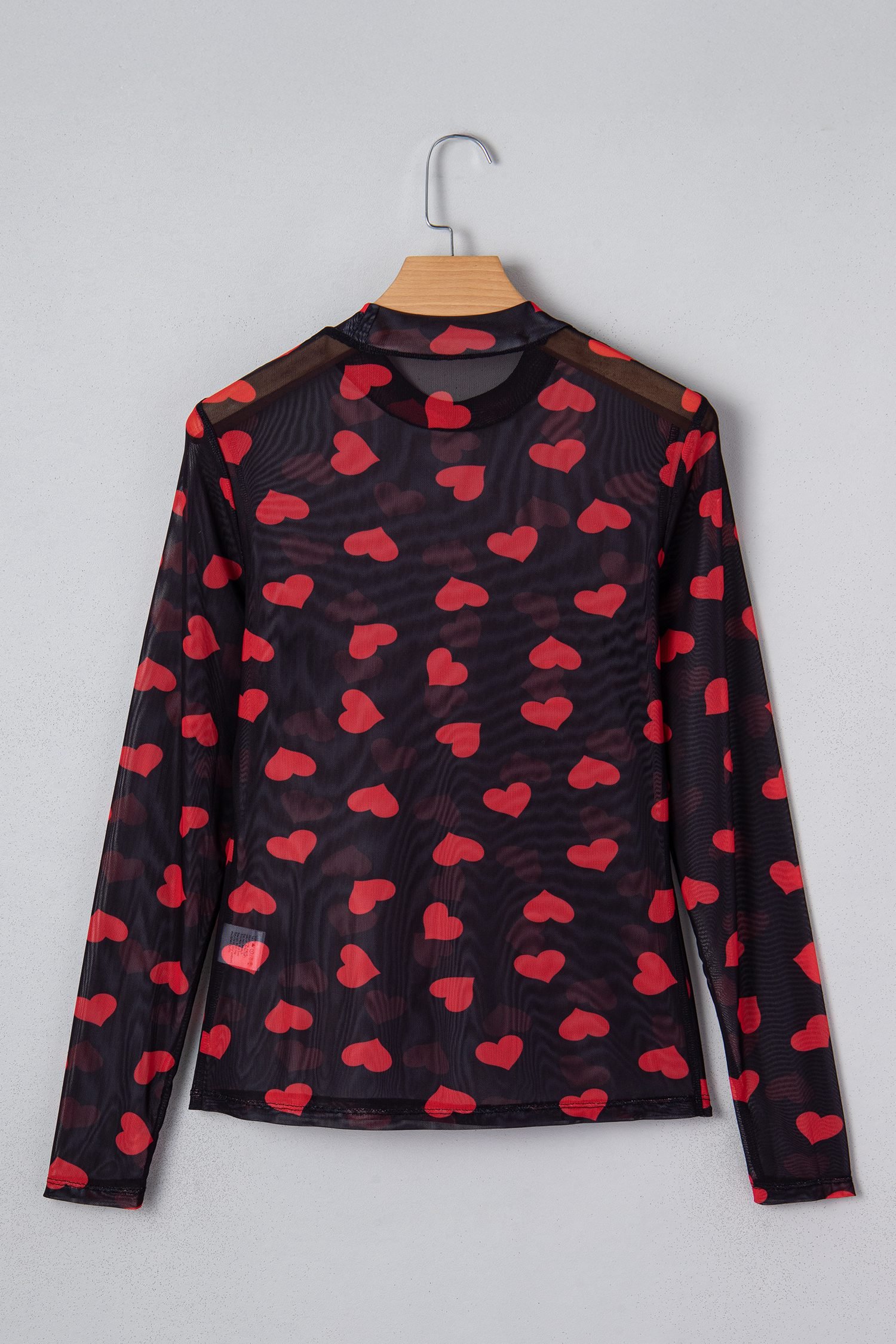 Black Valentines Heart Printed Sheer Mesh Long Sleeve Top - Image 9