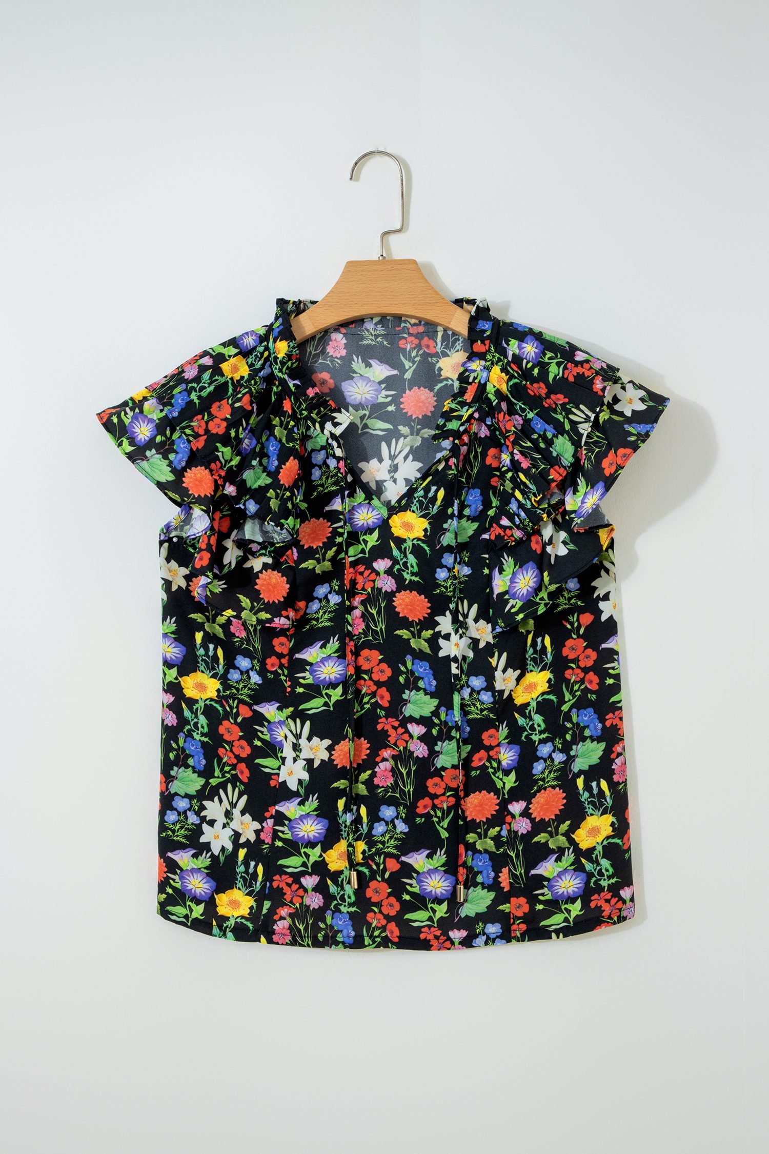 Black Tiered Flutter Sleeve V Neck Flower Blouse - Image 9