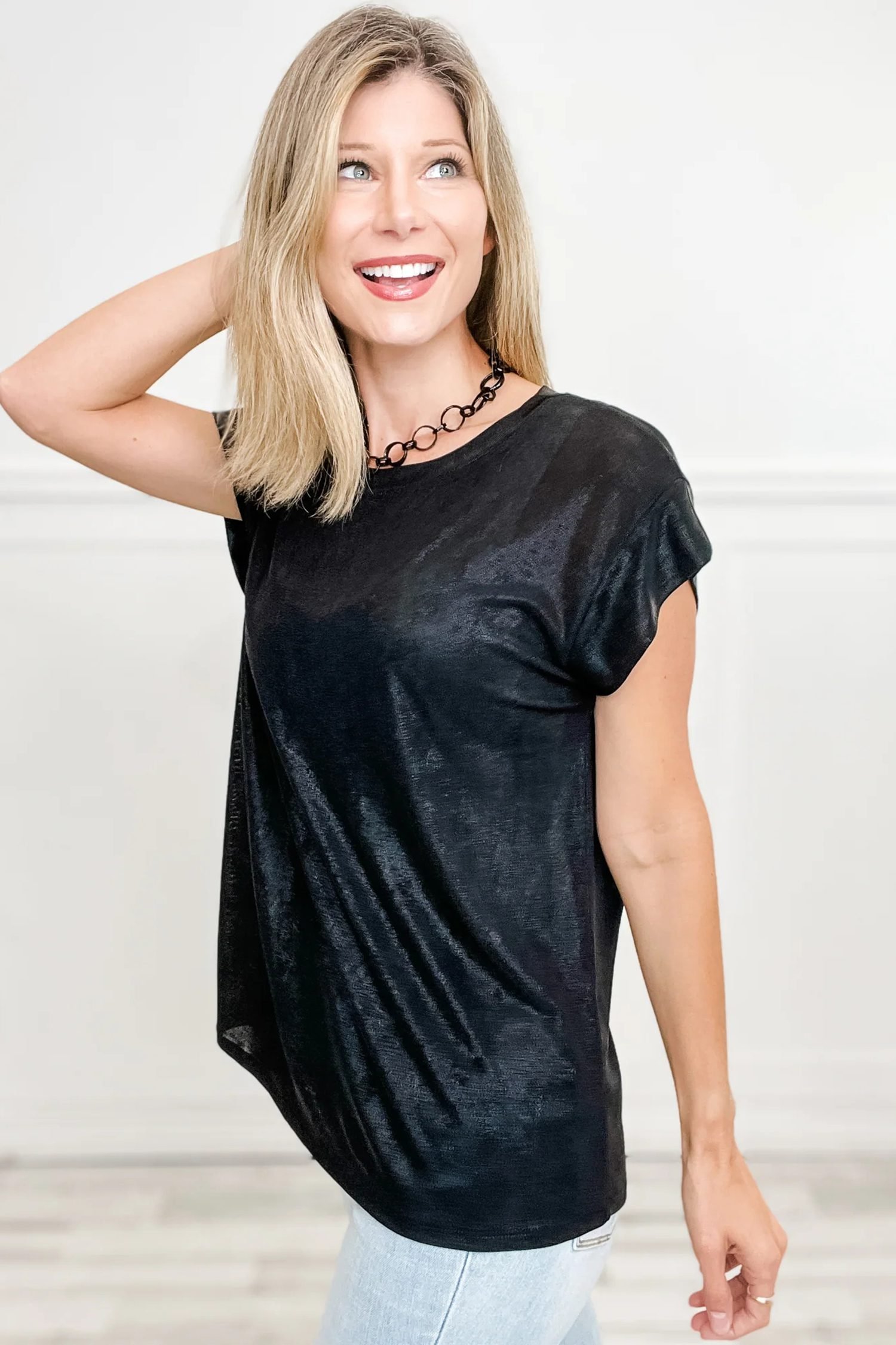 Black Metallic Round Neck Cap Sleeve Tee - Image 2