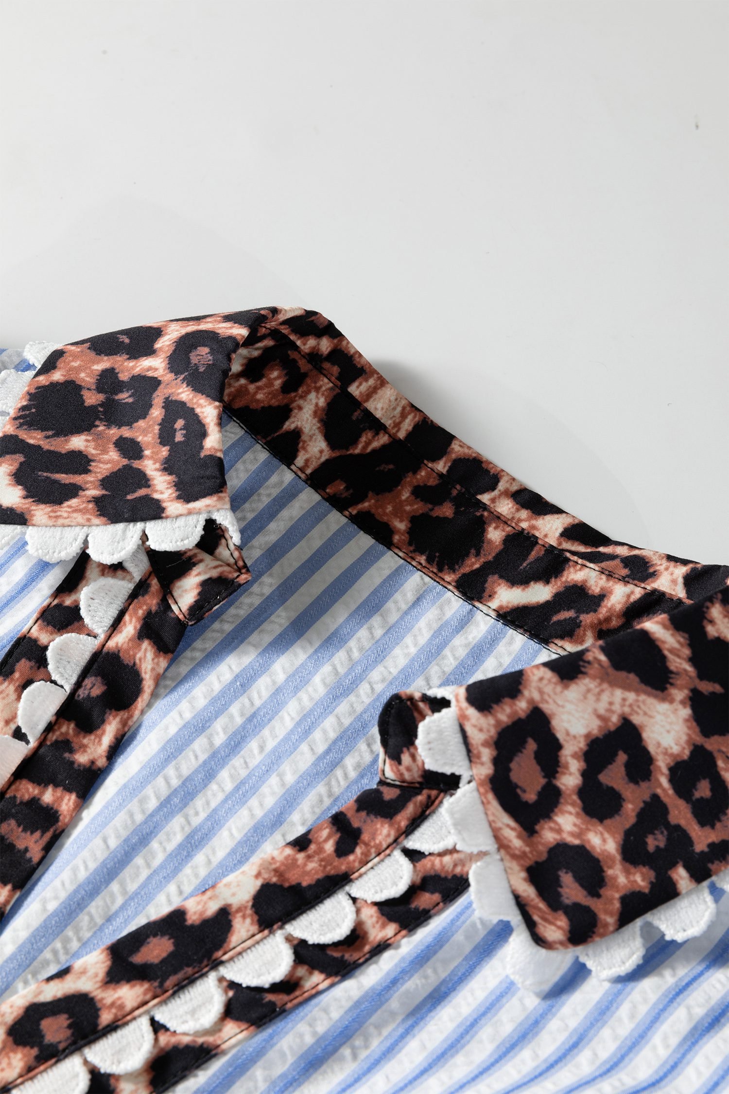 Sky Blue Stripe Ricrac Trim Short Puff Sleeve Leopard Patchwork Collar V Neck Blouse - Image 10